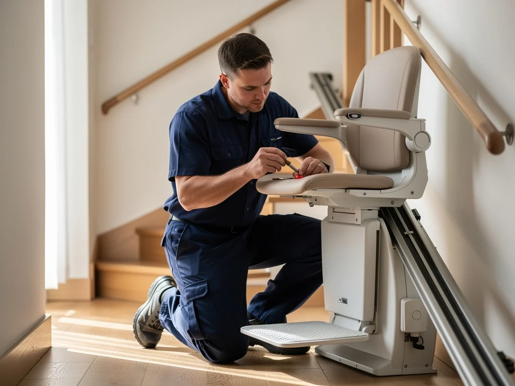 Technicien réglant un monte-escalier pendant une visite d'entretien à domicile