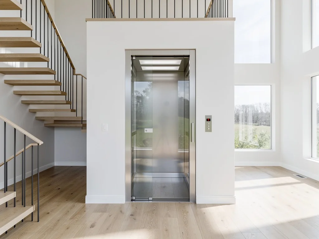 Mini-ascenseur de maison à porte vitrée desservant l'étage d'un logement